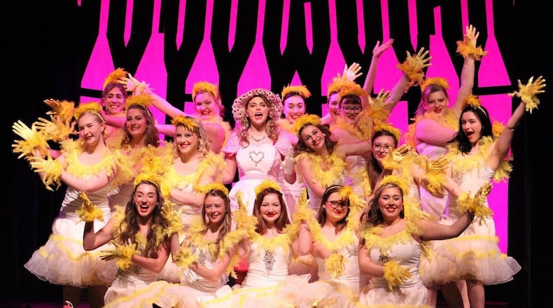 Emma Anderson (center as Miss Adelaide) and the Hot Box Girls sing "A Bushel and a Peck" in Miami East High School's production of "Guys and Dolls." CONTRIBUTED