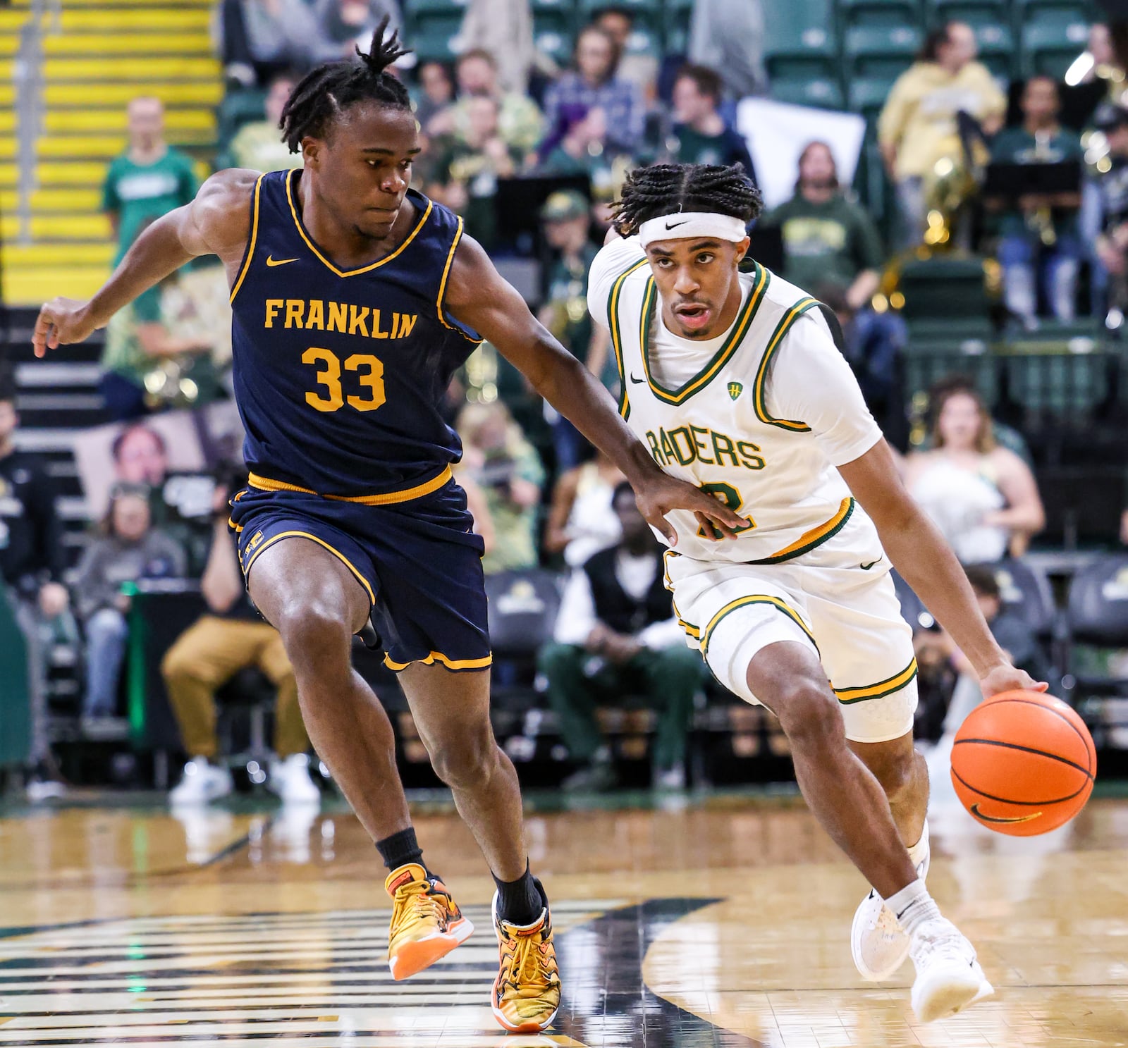 Wright State graduate guard Sam Alamutu dribbles during an 86-37 win over Franklin College 86-37 in a season opener on Monday, Nov. 3 at Ervin J. Nutter Center in Fairborn. BRYANT BILLING/STAFF