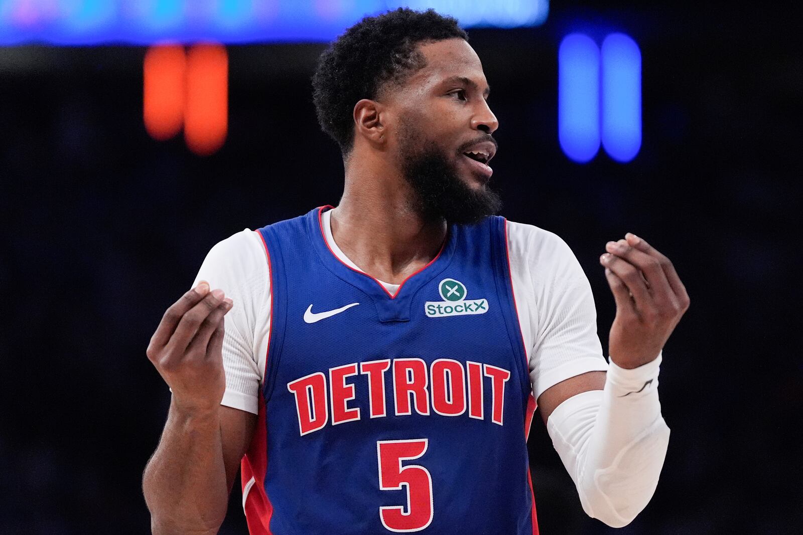 Detroit Pistons guard Malik Beasley reacts during the first half of Game 1 in an NBA basketball first-round playoff series against the New York Knicks, Saturday, April 19, 2025, in New York. (AP Photo/Julia Demaree Nikhinson)