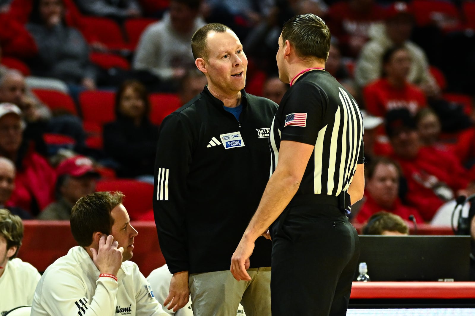 Miami RedHawks coach Travis Steele talks to an official during their game against UMass in Mid-American Conference action on Tuesday, January 27, 2026 at Millett Hall in Oxford. JEREMY MILLER / CONTRIBUTED PHOTO