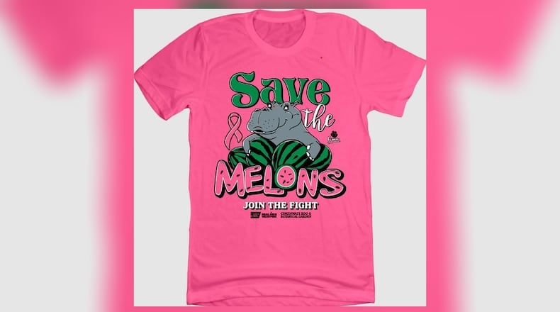 The Cincinnati Zoo is partnered with the American Cancer Society and the annual Real Men Wear Pink campaign presented by TriHealth to sell the pink T-shirts that say “save the melons,” a play on the idea of Fiona the hippo's favorite treat, watermelon. CONTRIBUTED/CINCY SHIRTS