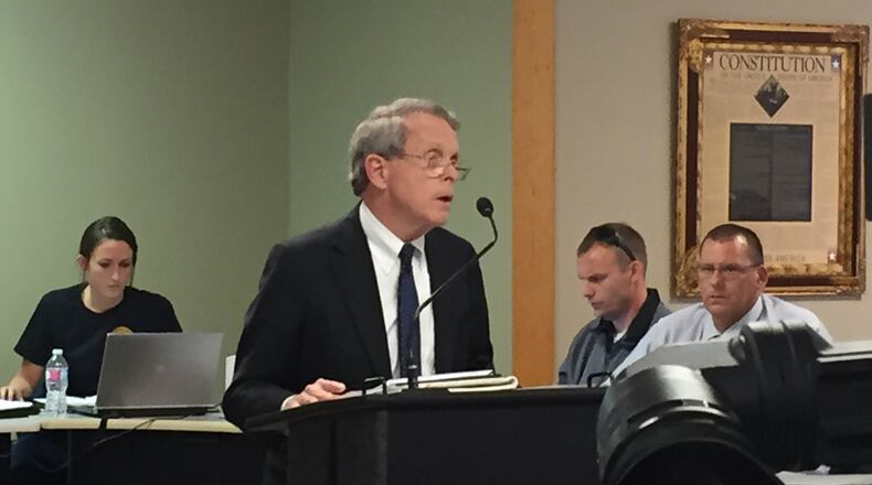 Ohio Attorney General Mike DeWine speaks during a news conference in Pike County April 22 about the killings of eight members of the same family. (Mike Campbell/Staff)