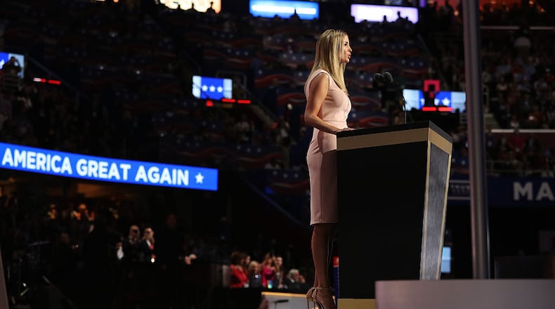 CLEVELAND, OH - JULY 21: Ivanka Trump delivers a speech during the evening session on the fourth day of the Republican National Convention on July 21, 2016 at the Quicken Loans Arena in Cleveland, Ohio. Republican presidential candidate Donald Trump received the number of votes needed to secure the party's nomination. An estimated 50,000 people are expected in Cleveland, including hundreds of protesters and members of the media. The four-day Republican National Convention kicked off on July 18. (Photo by Joe Raedle/Getty Images)