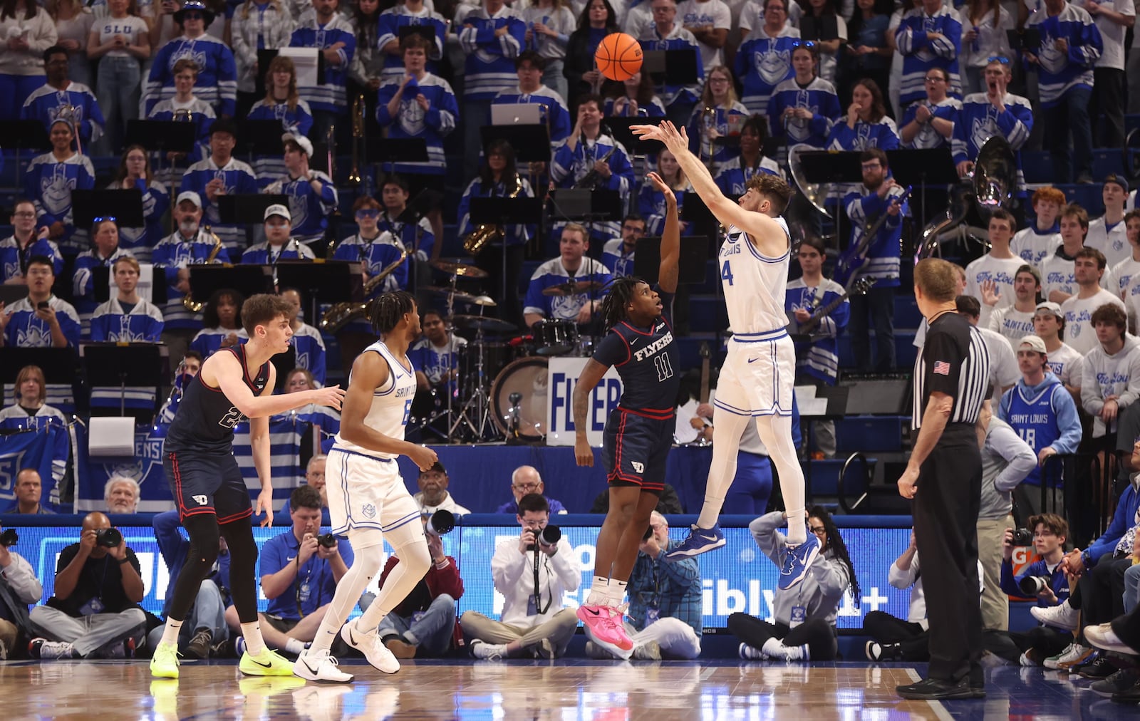 Gibson Jimerson, of Saint Louis, makes a 3-pointer against Dayton on Friday, Jan. 31, 2025, at Chaifetz Arena in St. Louis, Mo.. David Jablonski/Staff
