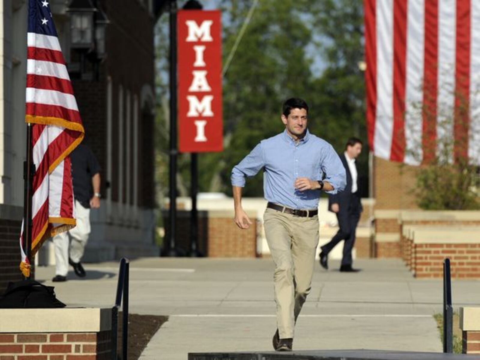 Presumptive Republican Vice Presidential Candidate Paul Ryan walks to the podium during a campaign rally at Miami University in Oxford, Ohio, his alma mater, on Wednesday, Aug. 15, 2012.