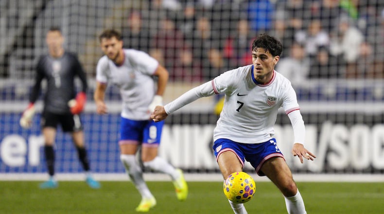 United States' Gio Reyna controls the ball during the second half of an international friendly soccer match against Paraguay, Saturday, Nov. 15, 2025, in Chester, Pa. (AP Photo/Derik Hamilton)