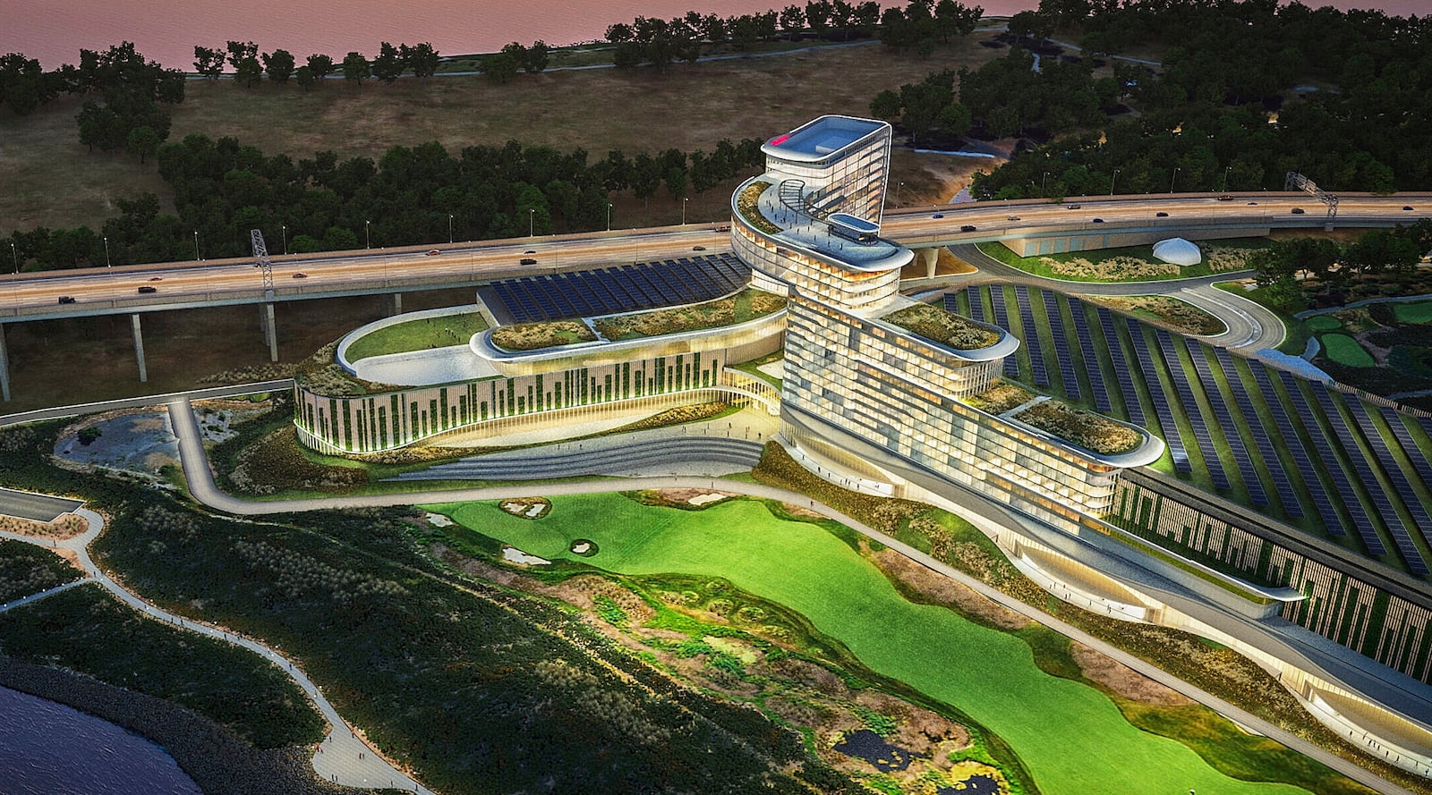 This rendering image by HKS + Gensler shows the Bally's casino proposed on a city-owned golf course, in The Bronx borough of New York. (HKS + Gensler via AP)