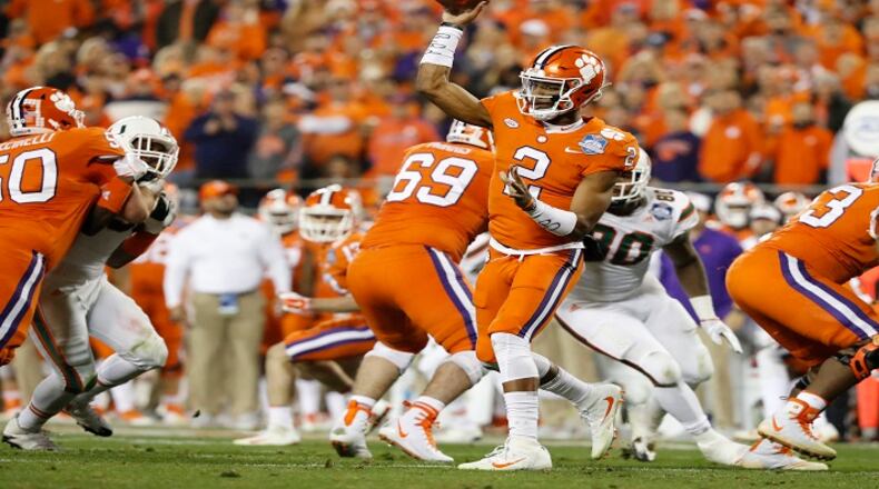 Clemson quarterback Kelly Bryant (2) sets up to pass against Miami Hurricanes in the ACC Championship Game at Bank of America Stadium in Charlotte, N.C., on December 2, 2017. (Al Diaz/Miami Herald/TNS)