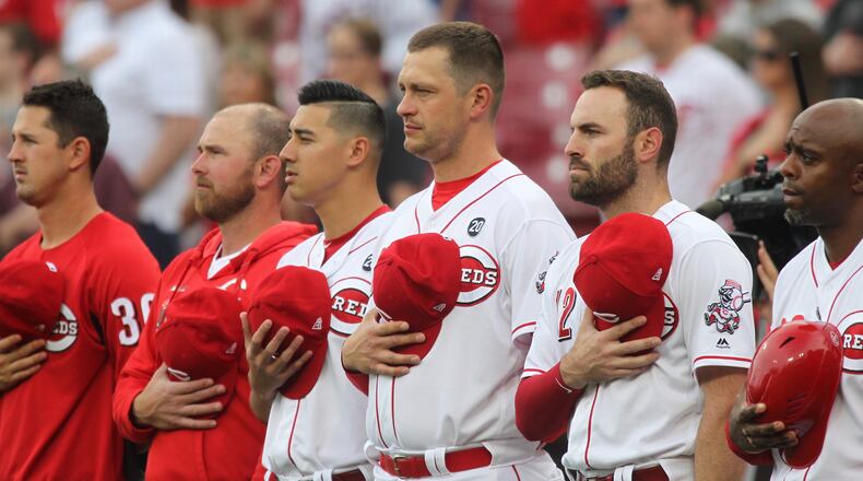 The Reds stand for the national anthem before a game against the Giants on Friday, May 3, 2019, at Great American Ball Park in Cincinnati.