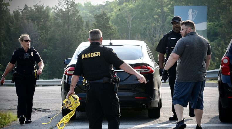 A man was taken to Miami Valley Hospital with serious injuries after he reportedly was stabbed in the chest during an altercation at the Huffman Dam in Bath Twp. Wednesday, June 21, 2023. A second man was treated and released for a hand injury at Soin Medical Center - Kettering Health. MARSHALL GORBY / STAFF