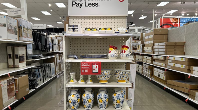 Products sit on display at a Target store, Monday, March 2, 2026, in Edina, Minn. (AP Photo/Anne D'Innocenzio)