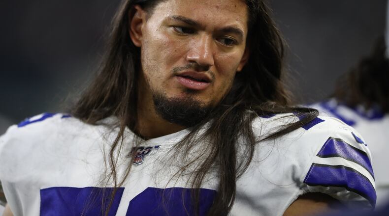 ARLINGTON, TEXAS - AUGUST 24: Xavier Su'a-Filo #76 of the Dallas Cowboys during a NFL preseason game at AT&T Stadium on August 24, 2019 in Arlington, Texas. (Photo by Ronald Martinez/Getty Images)
