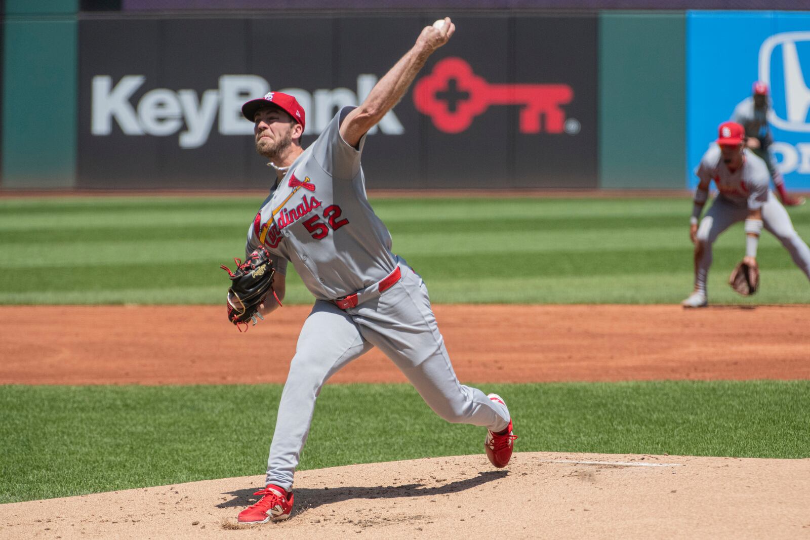 St. Louis Cardinals starting pitcher Matthew Liberatore delivers against the Cleveland Guardians during the first inning of a baseball game, Sunday, June 29, 2025, in Cleveland. (AP Photo/Phil Long)
