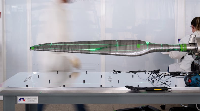 A Joby propeller blade will be manufactured at the company's Dayton plant. Layers of high strength carbon fiber are applied to achieve precise design specifications, company executives said. CONTRIBUTED