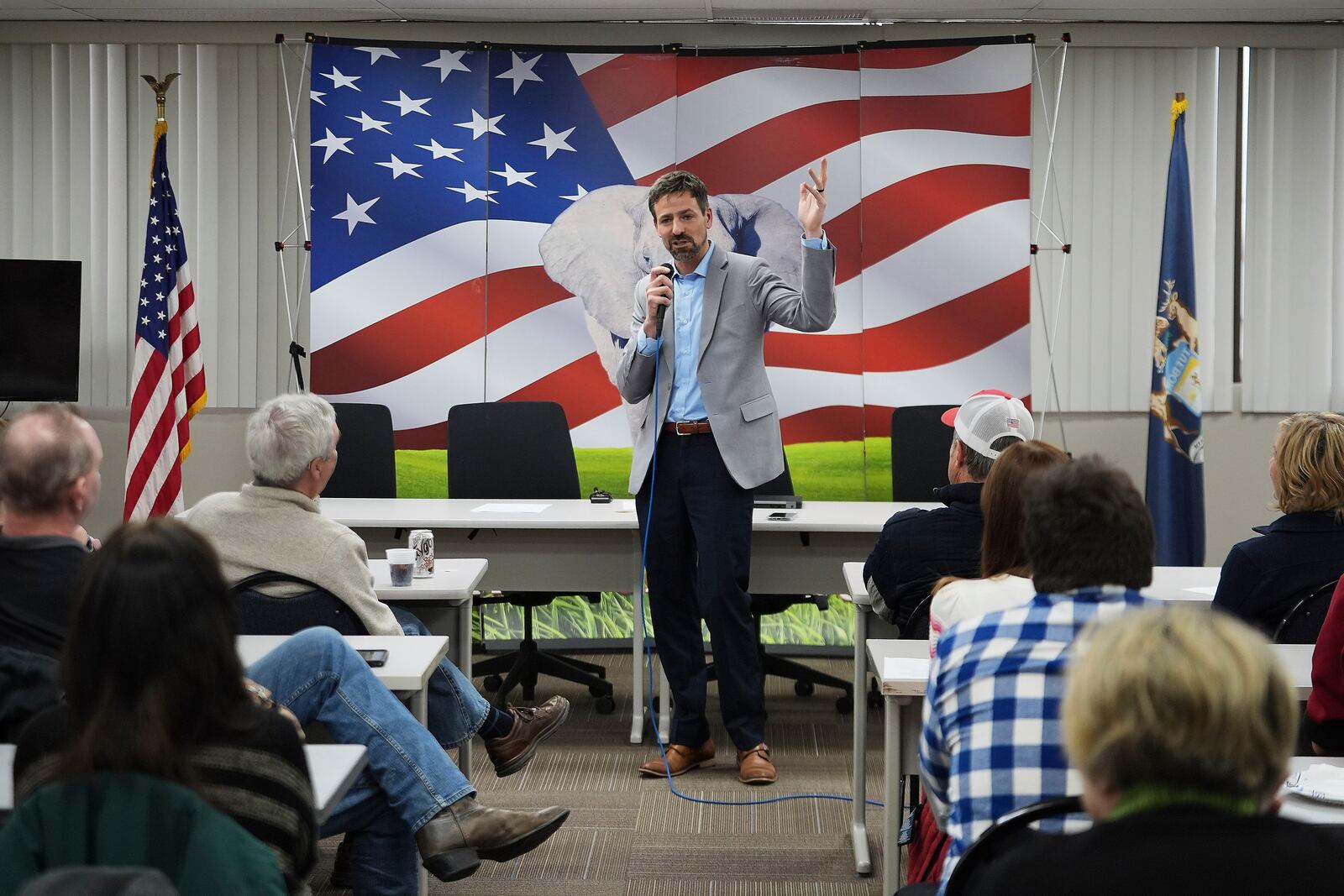 Ryan Kelley speaks at the Jackson County Republican headquarters, Thursday, April 10, 2025, in Jackson, Mich. (AP Photo/Paul Sancya)