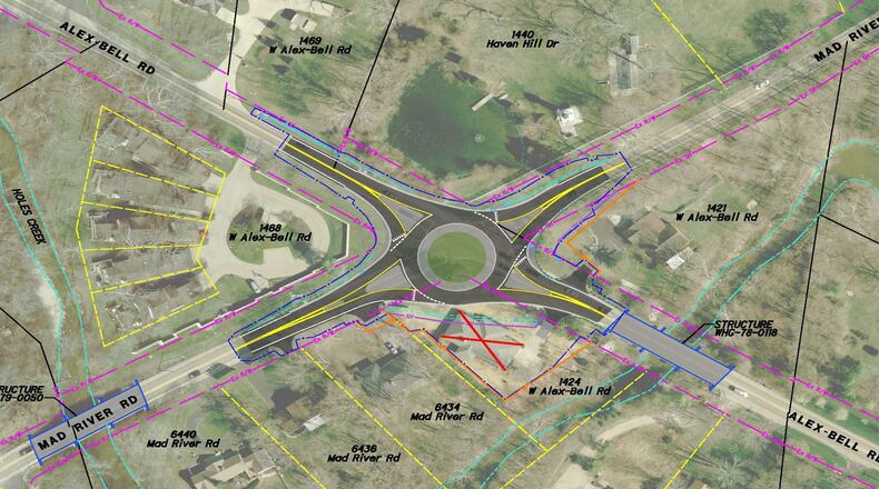 Plans call for the construction of a roundabout planned to relieve congestion at the intersection of Mad River and Alex Bell roads in Washington Twp. MONTGOMERY COUNTY ENGINEER'S OFFICE