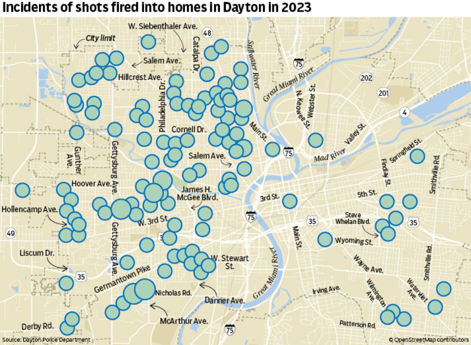 A map of incidents of shots fired into homes in Dayton in 2023. CONTRIBUTED