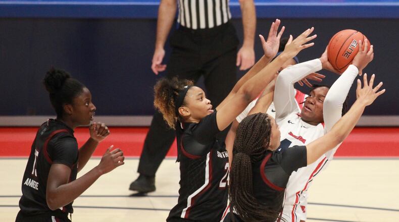 Dayton’s Jayla Scaife shoots against South Carolina on Wednesday, Nov. 13, 2019, at UD Arena.