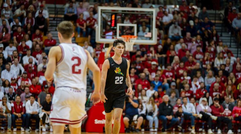 Wright State's Andrew Welage brings the ball up vs. Indiana's Gabe Cupps during a game in Bloomington, Ind., on Nov. 16, 2023. Wright State Athletics photo