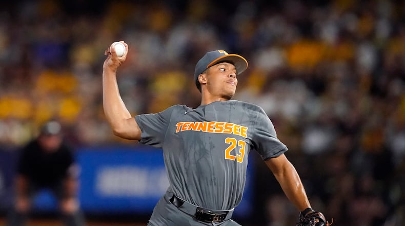 FILE - Tennessee pitcher Chase Burns pitches against Southern Mississippi in the eighth inning of an NCAA college baseball tournament super regional game, June 12, 2023, in Hattiesburg, Miss. Wake Forest right-hander Burns went to Cincinnati with the second pick on Sunday, July 14, 2024, during Major League Baseball’s amateur draft. (AP Photo/Rogelio V. Solis., File)