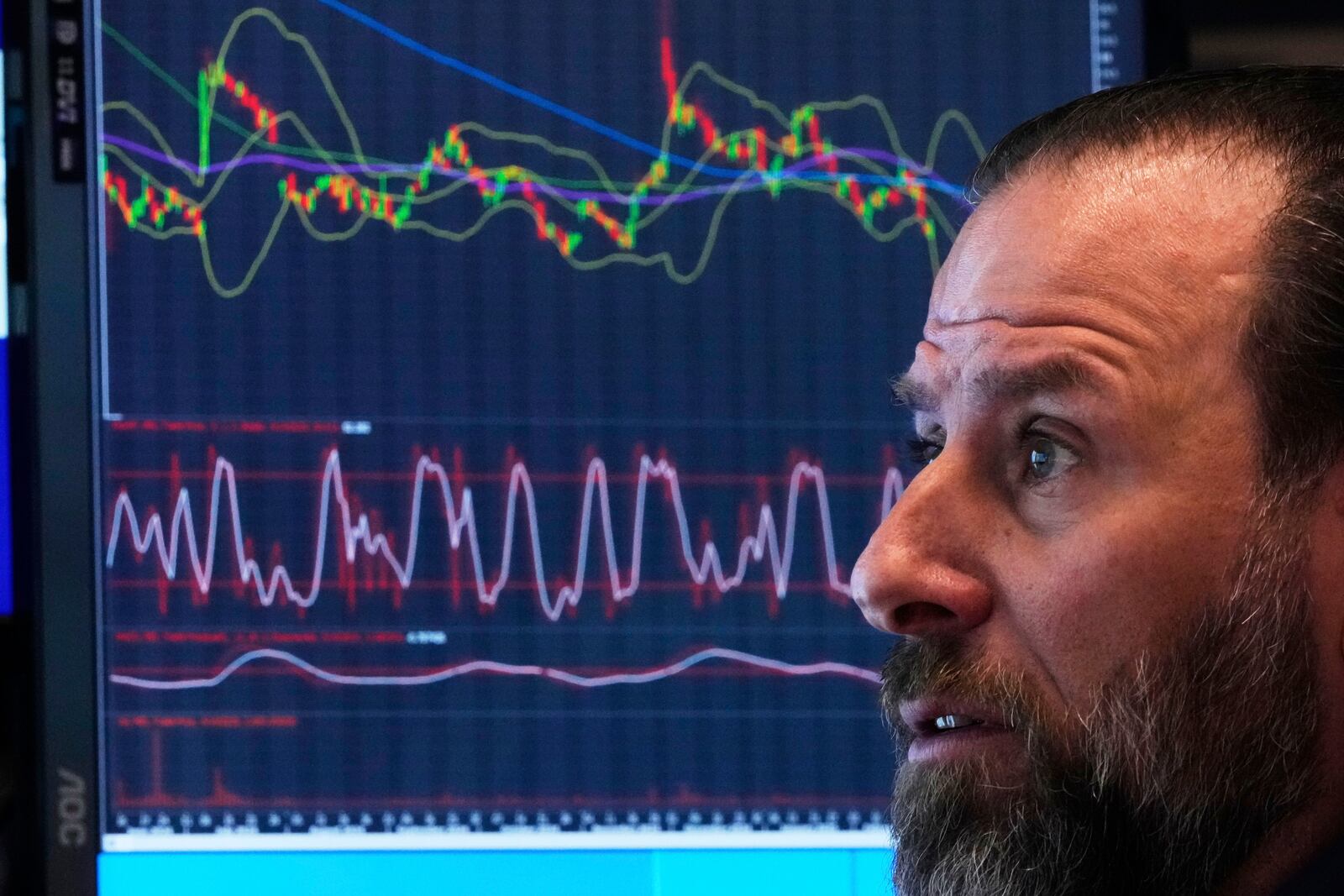 Specialist Michael Pistillo works at his post on the floor of the New York Stock Exchange, Monday, April 14, 2025. (AP Photo/Richard Drew)