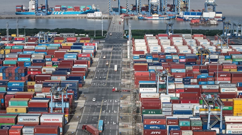 An aerial view of a container terminal in seen in Shanghai, Tuesday, March 10, 2026. (Chinatopix via AP)