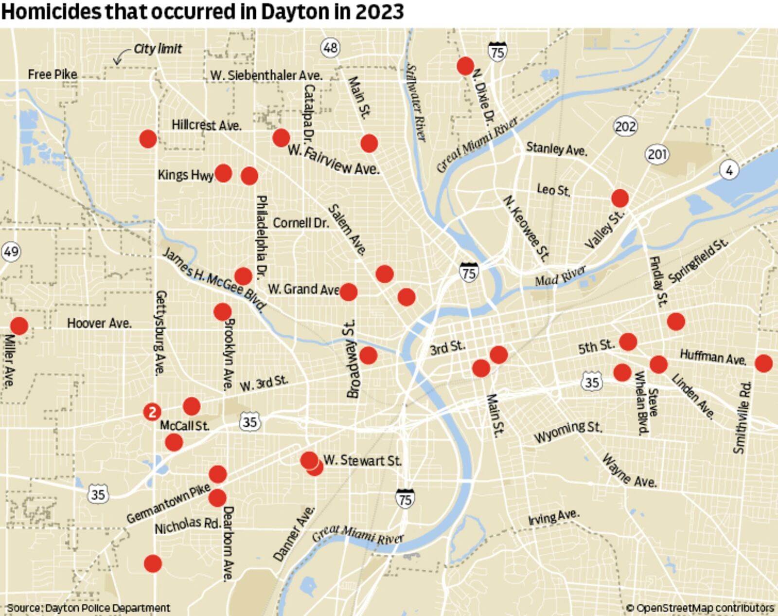 Dayton police data show the locations of the 30 "unjustified" homicides in the city in 2023. CONTRIBUTED
