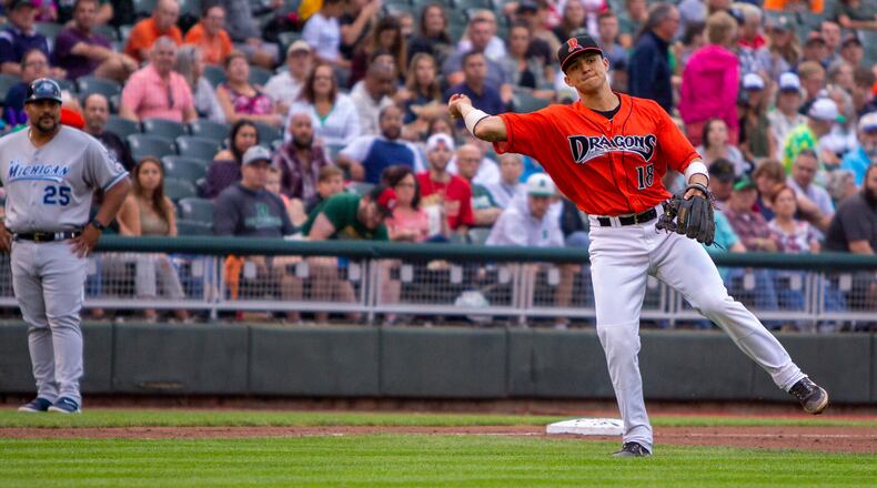 Dragons third baseman Victor Ruiz charges a slow grounder and throws to first for an out in the second inning Friday night at Day Air Ballpark. Ruiz doubled home the Dragons' first run in the first inning. Jeff Gilbert/CONTRIBUTED
