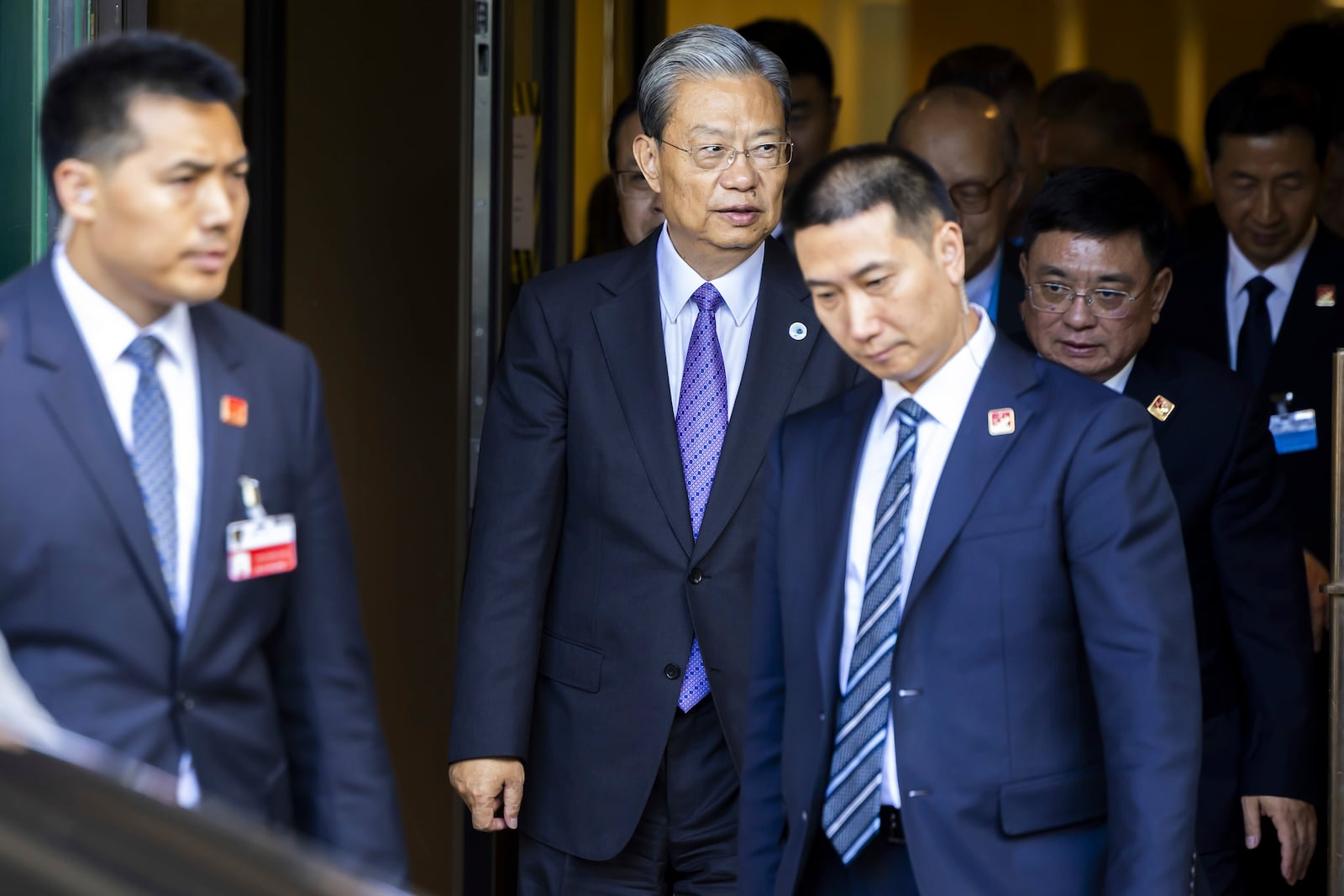 Zhao Leji, Chairman of the Standing Committee of the National People's Congress of China, leaves during the Sixth World Conference of Speakers of Parliament, at the European headquarters of the United Nations in Geneva, Switzerland, Tuesday, July 29, 2025. (Salvatore Di Nolfi/Keystone via AP)