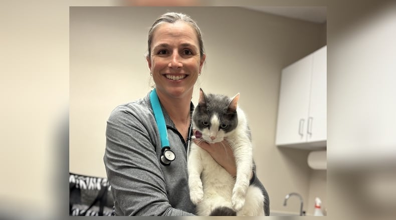 Dr. Jennifer Pue-Gilchrist, Pip's vet, gingerly holds a grumpy Pip who just had his yearly physical and his vaccinations updated. CONTRIBUTED