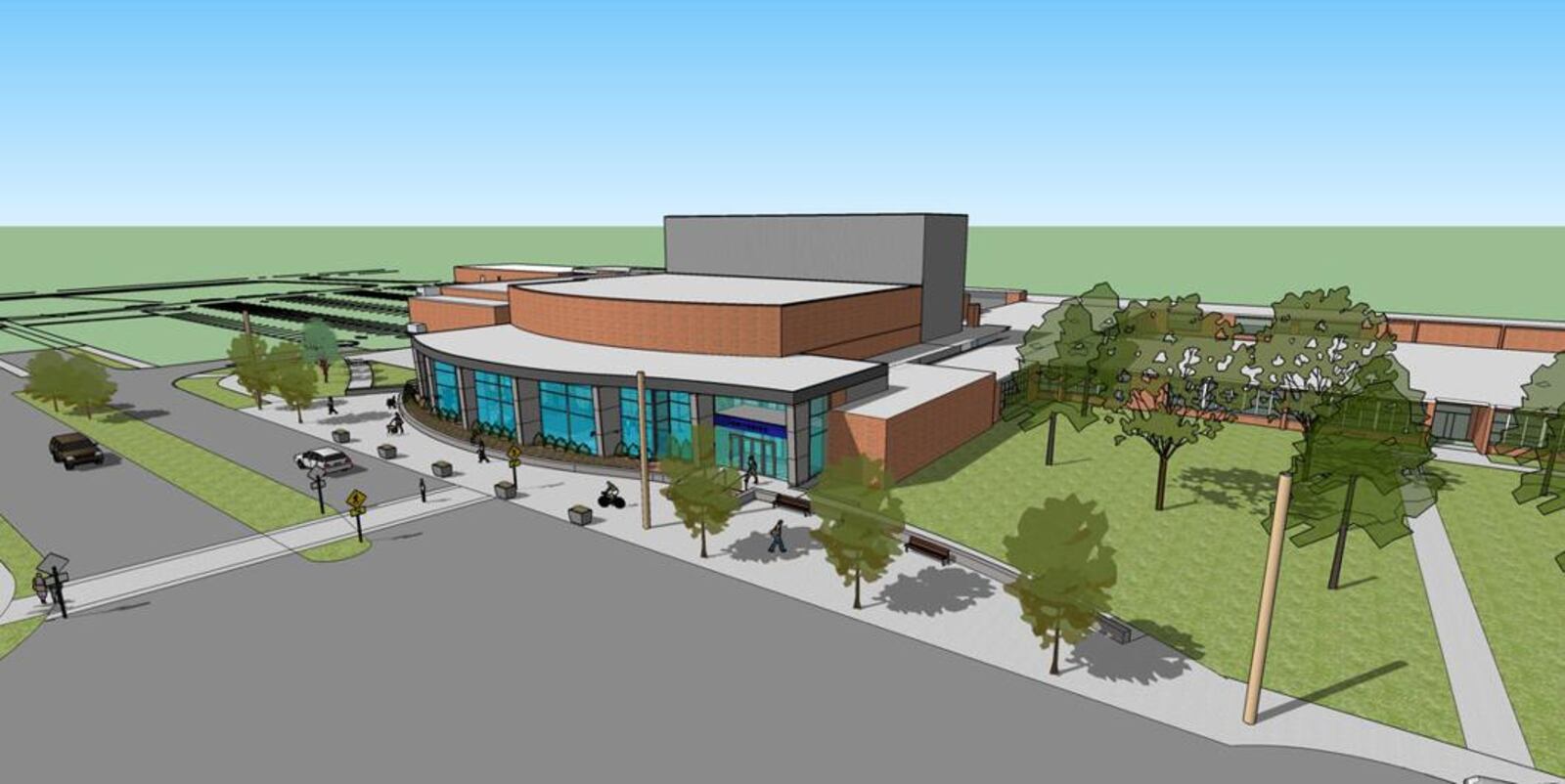 Graphic rendering of the finished Kettering Fairmont High School auditorium currently under construction along Shroyer Boulevard.  SUBMITTED