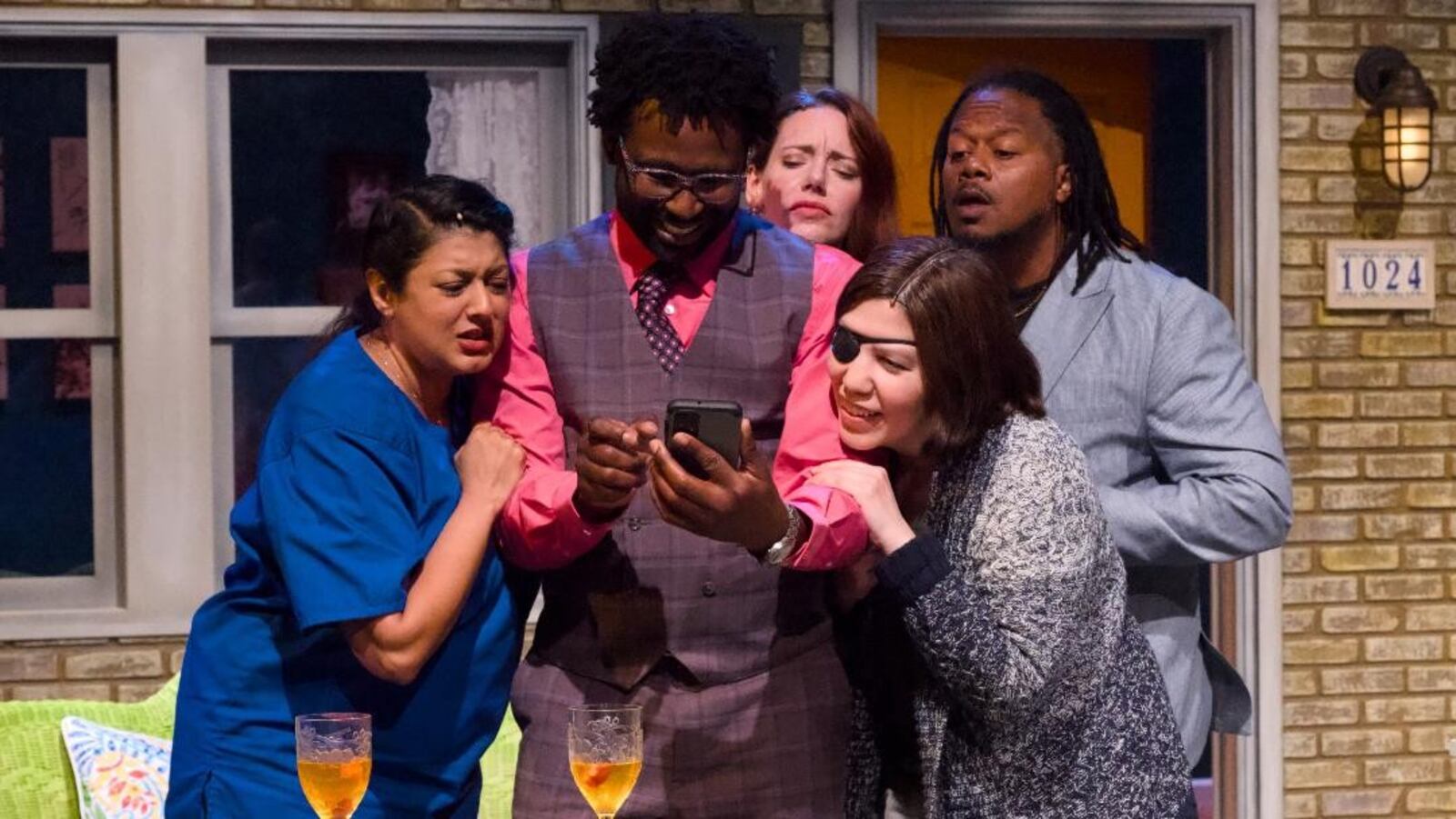 From left: Lipica Shah (Kristina), Darnell Pierre Benjamin (Emilio), Erin Eva Butcher (Caitlin), Annie Pesch (Ursula) and Rico Romalus Parker (Francisco) in the Human Race Theatre Company's production of "The Comeuppance." Photo by Human Race Theatre