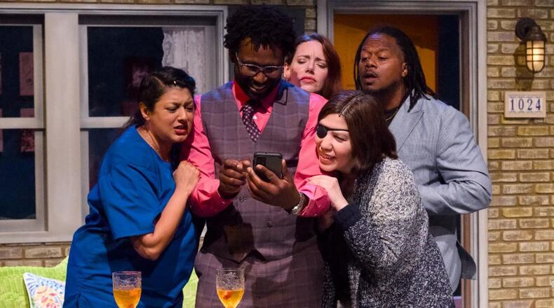 From left: Lipica Shah (Kristina), Darnell Pierre Benjamin (Emilio), Erin Eva Butcher (Caitlin), Annie Pesch (Ursula) and Rico Romalus Parker (Francisco) in the Human Race Theatre Company's production of "The Comeuppance." Photo by Human Race Theatre