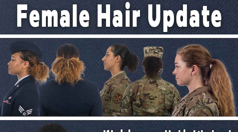 The Air Force revises Air Force Instruction 36-2903 on June 25 to address differences in hair density and texture. When hair is secured behind the head, the hair may extend 6 inches to the left and to the right and 6 inches protruding from the point where the hair is gathered. The 12-inch total width must allow for proper wear of headgear. U.S. AIR FORCE GRAPHIC