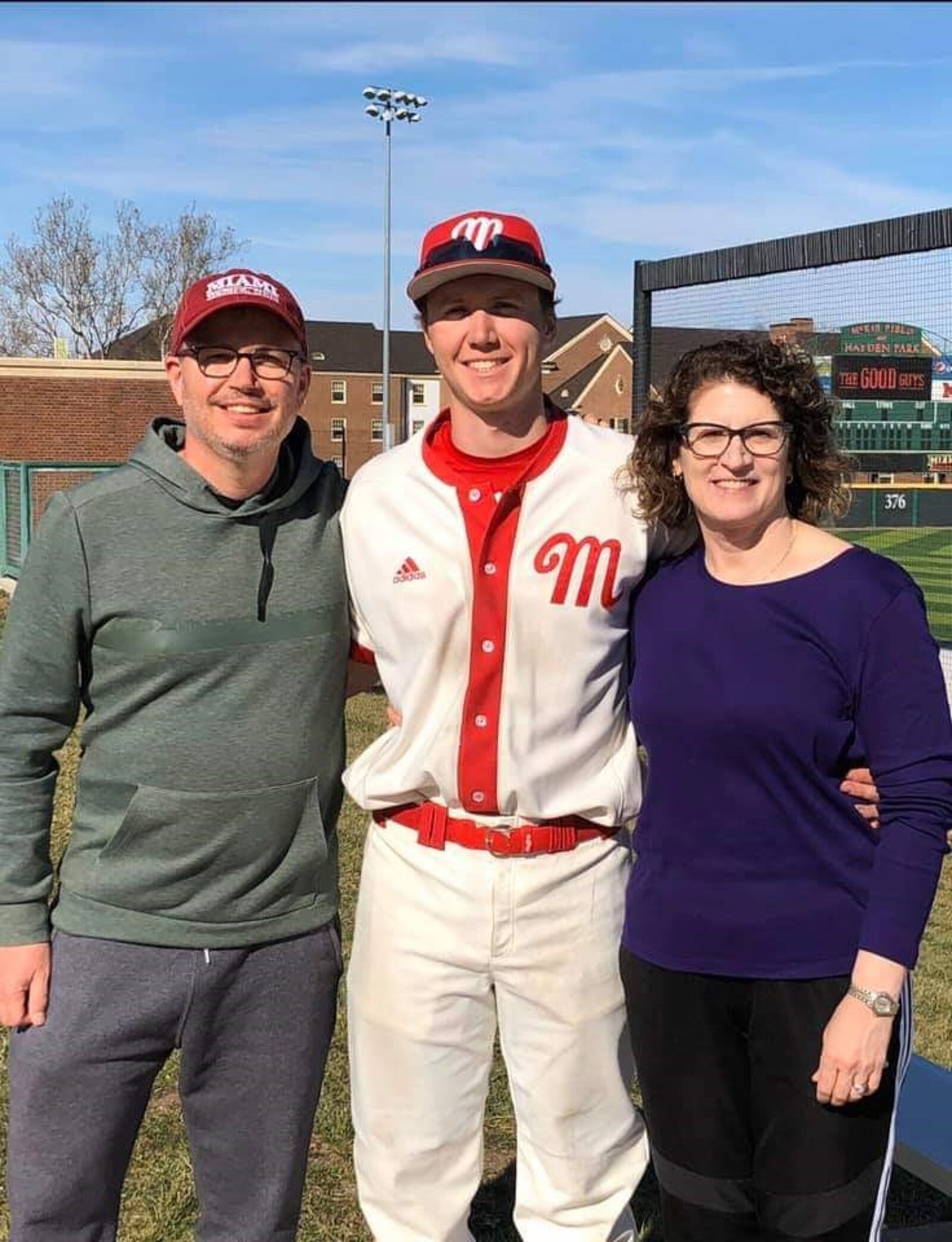 Miami University baseball player Brian Zapp with his parents,  Ken Zapp and Linda Pineau. CONTRIBUTED