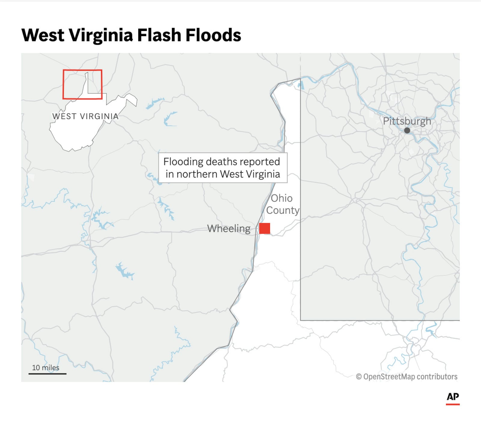 The map above shows the general location of flash flooding in northern West Virginia. (AP Graphic)