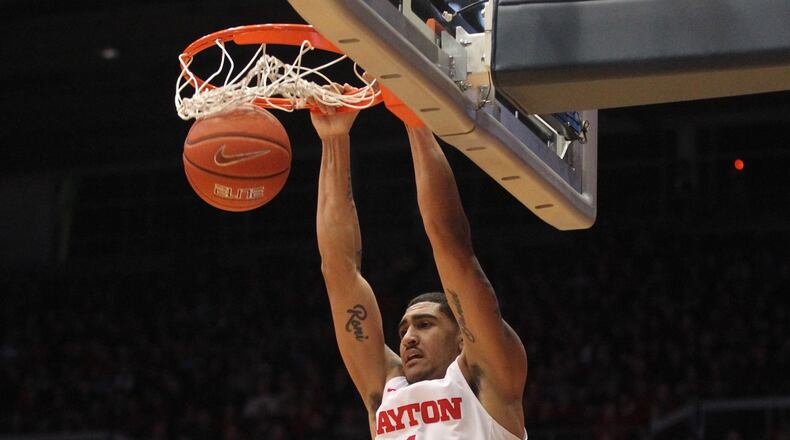 Dayton’s Obi Toppin dunks against Saint Joseph’s on Tuesday, Jan. 29, 2019, at UD Arena. David Jablonski/Staff