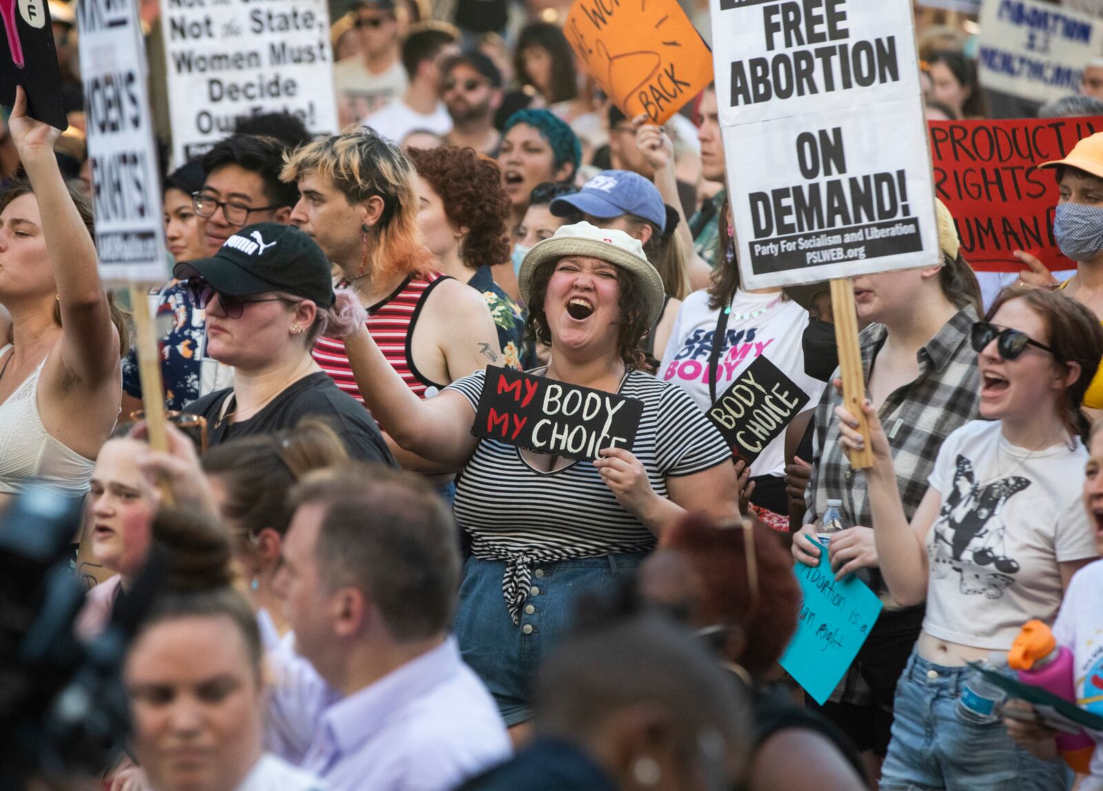FILE - Abortion-rights supporters protest on the steps of the John Minor Wisdom United States of Appeals Fifth Circuit Building after the Supreme Court decision to overturn Roe v. Wade, in New Orleans, June 24, 2022. (Sophia Germer/The Times-Picayune/The New Orleans Advocate via AP, file)