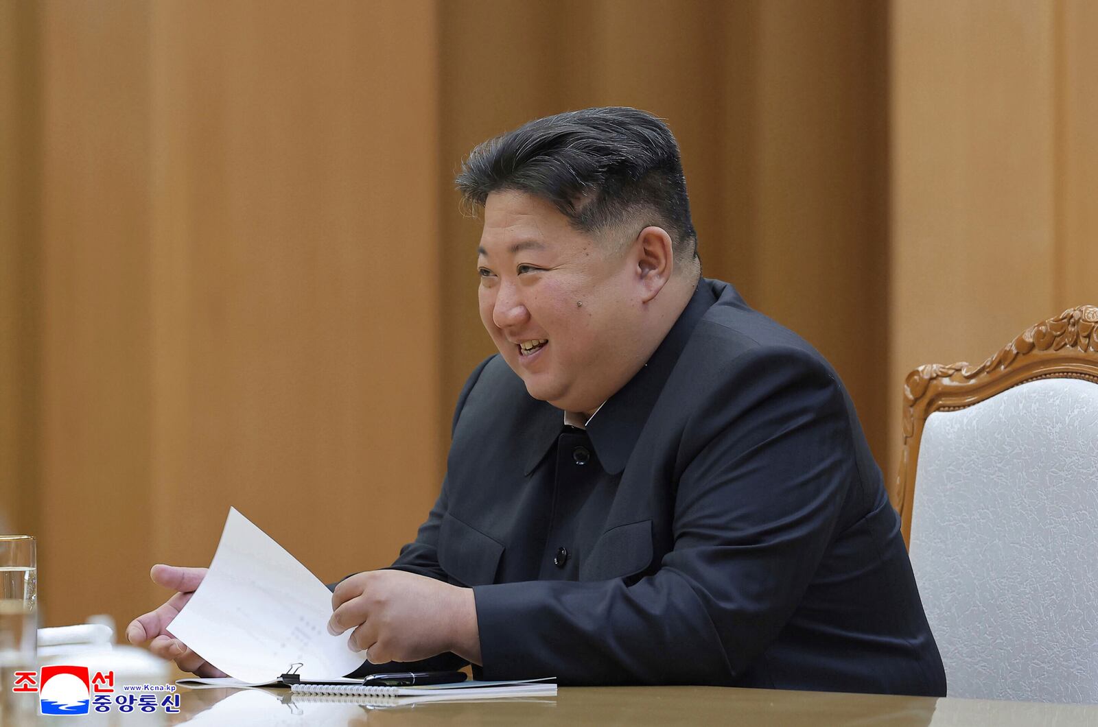 In this photo provided by the North Korean government, North Korean leader Kim Jong Un meets with Russian Security Council Secretary Sergei Shoigu, not in photo, at the headquarters of the ruling Workers' Party in Pyongyang, North Korea, Tuesday, June 17, 2025. Independent journalists were not given access to cover the event depicted in this image distributed by the North Korean government. The content of this image is as provided and cannot be independently verified. Korean language watermark on image as provided by source reads: "KCNA" which is the abbreviation for Korean Central News Agency. (Korean Central News Agency/Korea News Service via AP)