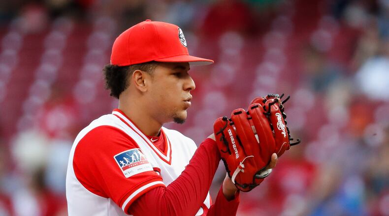 Cincinnati Reds starting pitcher Luis Castillo prepares to throw in the first inning of a baseball game against the Pittsburgh Pirates, Saturday, Aug. 26, 2017, in Cincinnati. The Pirates won 1-0. (AP Photo/John Minchillo)