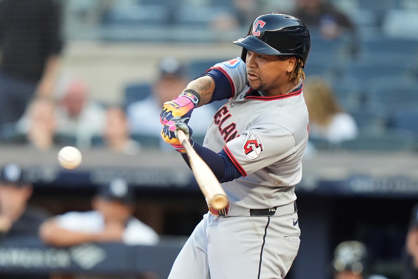 Cleveland Guardians' José Ramírez hits a double during the first inning of a baseball game against the New York Yankees, Wednesday, June 4, 2025, in New York. (AP Photo/Frank Franklin II)