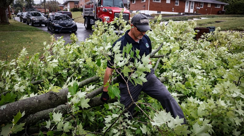 Harrison Twp. employees remove a Sugar Maple from Bennington Drive that fell from high winds.Jim Noelker/Staff