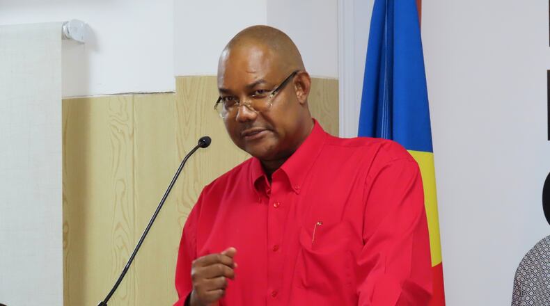 President-elect Patrick Herminie gives a speech after winning the runoff presidential election at the Electoral Commission Headquarters in Victoria, Seychelles, Sunday, Oct. 12, 2025. (AP Photo/Emilie Chetty)