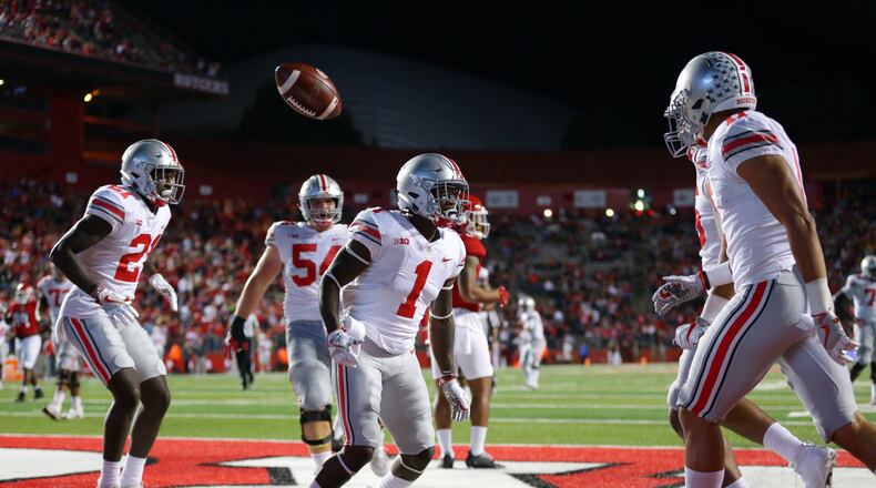 PISCATAWAY, NJ - SEPTEMBER 30: Wide receiver Johnnie Dixon #1 of the Ohio State Buckeyes celebrates after scoring a 39 yard touchdown pass in the second quarter during a game against the Rutgers Scarlet Knights on September 30, 2017 at High Point Solutions Stadium in Piscataway, New Jersey. (Photo by Hunter Martin/Getty Images)