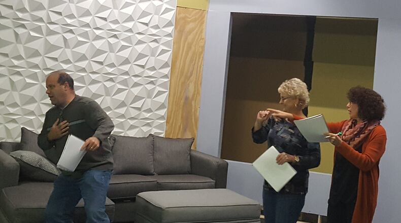 Fred Hunt, Elizabeth Long and Linda Callahan rehearse for Middletown Lyric Theatre’s production of “Other Desert Cities.”