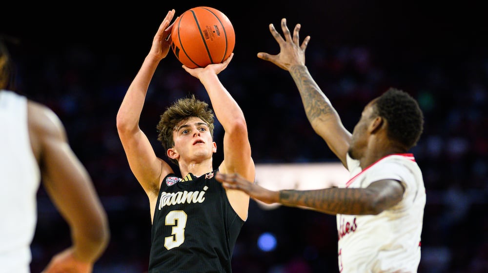Miami's Luke Skaljac shoots the ball during their game against Northern Illinois on Saturday, Jan. 31, 2026 at Millett Hall in Oxford. JEREMY MILLER / CONTRIBUTED PHOTO