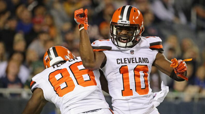 CHICAGO, IL - AUGUST 31: Randall Telfer #86 and Rasheed Bailey #10 of the Cleveland Browns celebrate a touchdown by Telfer against the Chicago Bears during a preseason game at Soldier Field on August 31, 2017 in Chicago, Illinois. (Photo by Jonathan Daniel/Getty Images)