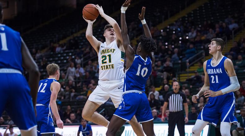 Wright State’s Grant Basile puts up a shot vs. Urbana at the Nutter Center on Nov. 20, 2019. Joseph Craven/WSU Athletics