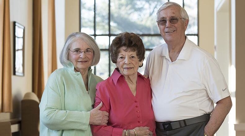 Lois and Richard Jones with Lois’ mother, Madge Wertzberger, middle, at Granite Farms Estates, an Acts Retirement Community in Media, Pa. Lois, 73, and Richard, 76, moved to the community in October, 2016. Madge, age 95, has lived at Granite Farms Estates for 13 years and currently resides in the assisted living area of the community. (Eileen Blass/Kaiser Health News)