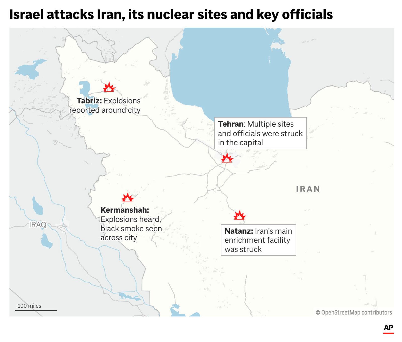 The map above shows confirmed attacks by Israel on Iran and its nuclear facilities. (AP Graphic)